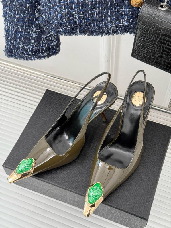 2024 Women Yves Saint Laurent Olive Green Gold Calf Leather Slingback Gemstone High Heels MJ00330
