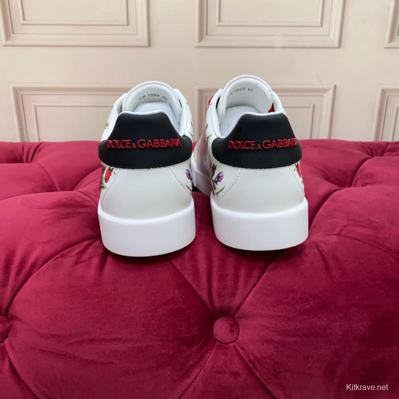 2025 Women Dolce & Gabbana White Red Leather Sneakers Floral LY00300