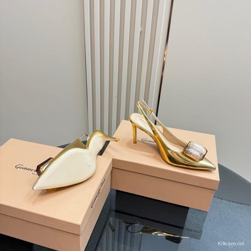 2025 Women Gianvito Rossi Gold Leather Slingback Gemstone KFY00300