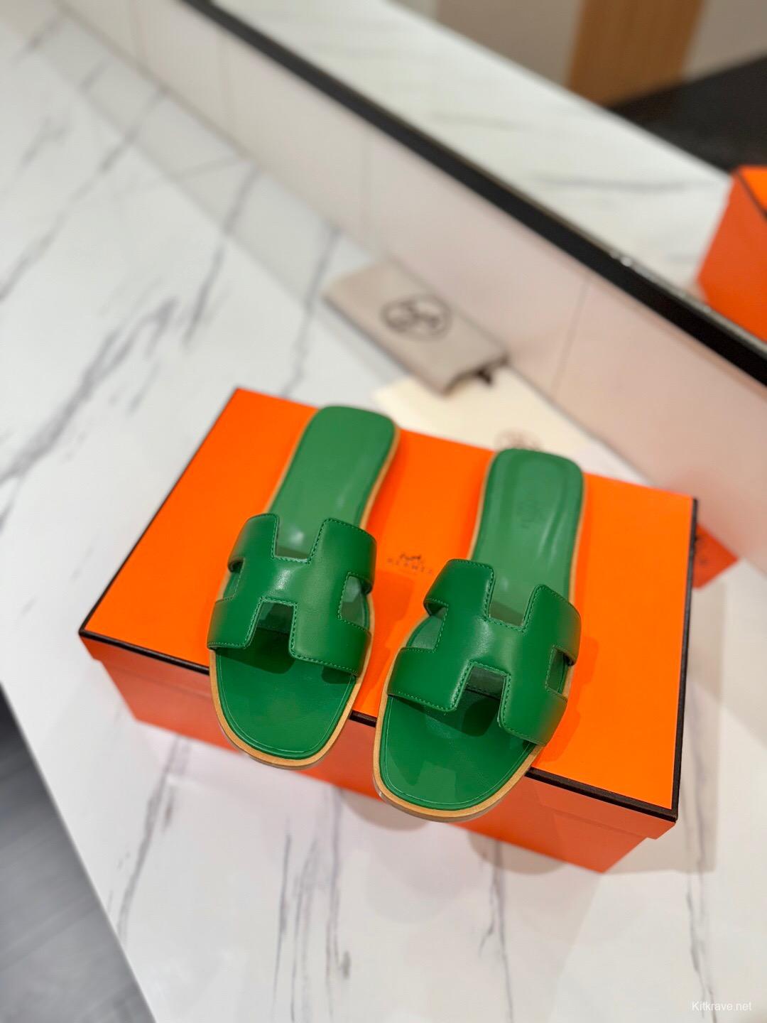2025 Women Hermès Green Leather Slippers