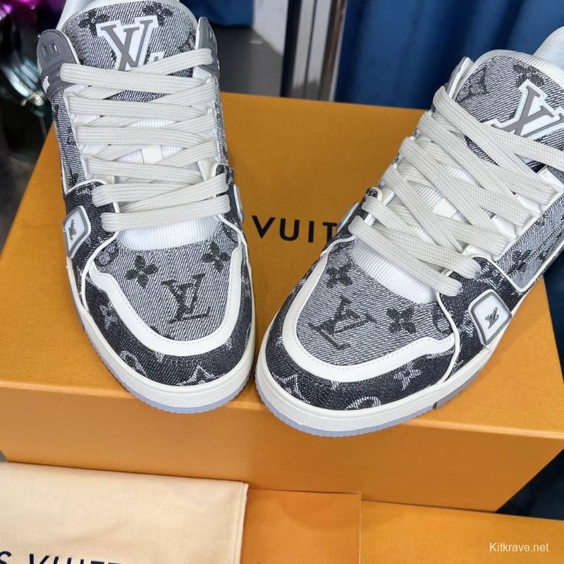 2025 Unisex Louis Vuitton Grey White Fabric Leather Sneakers