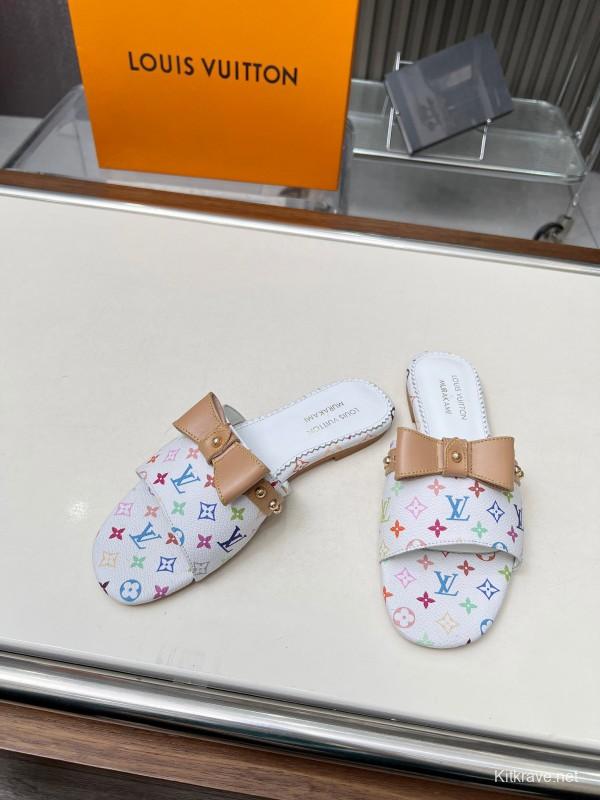 2025 Women Louis Vuitton White Multicolor Leather Slippers Monogram LY00200