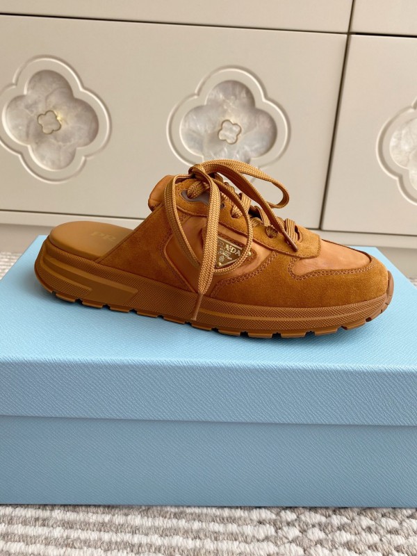 2025 Women Prada Brown Leather Suede Sneakers