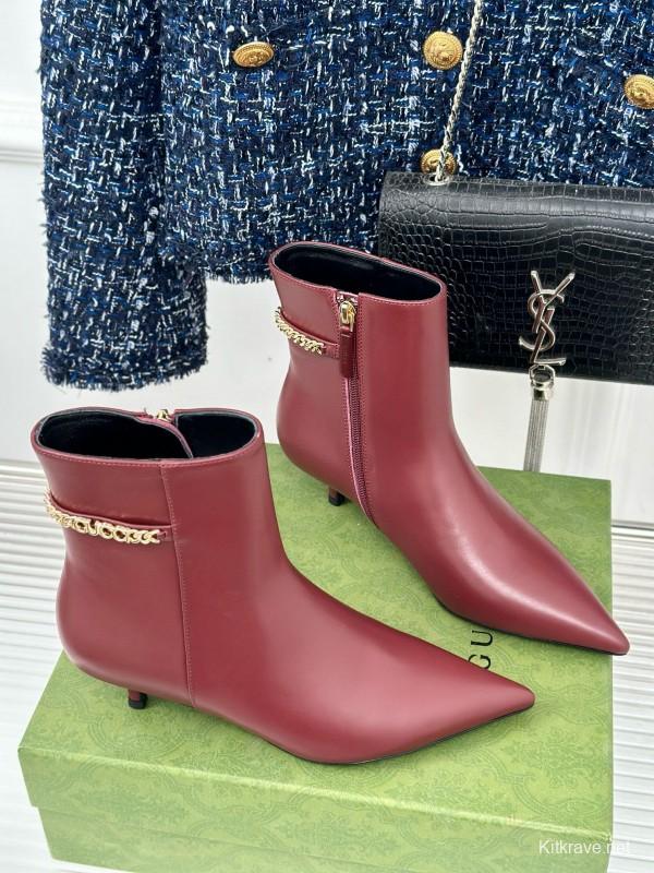 2024 Women Gucci Burgundy Leather Ankle Boots Chain MJ00410
