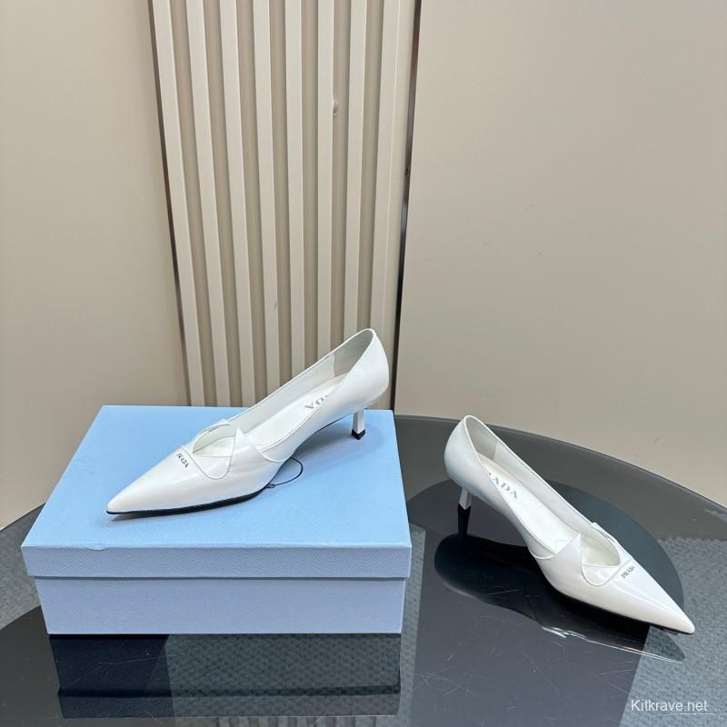2025 Women Prada White Leather Pointed Toe Kitten Heel Pumps KFY00310