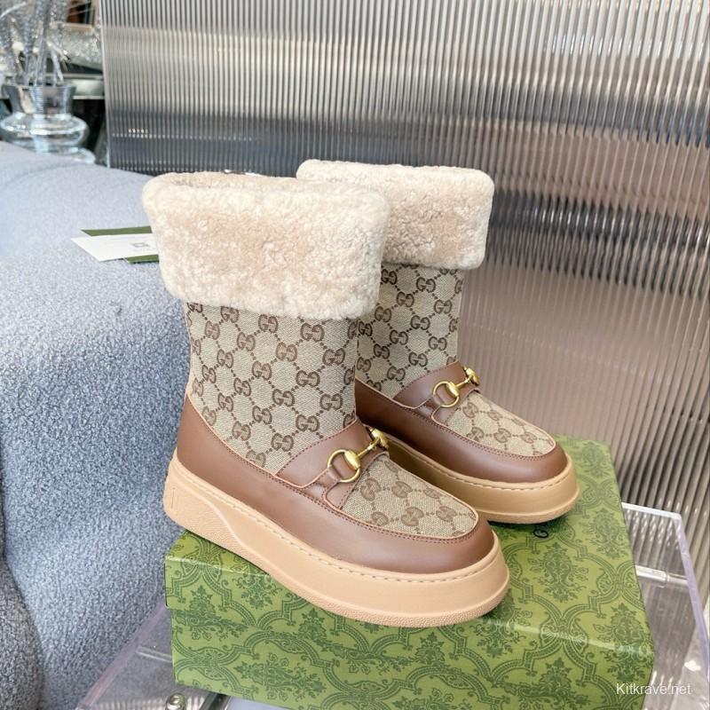 2024 Women Gucci beige brown leather shearling snow boots MJ00420