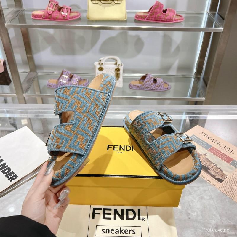 2025 Fendi Blue Beige Fabric Leather Slippers KFY00250
