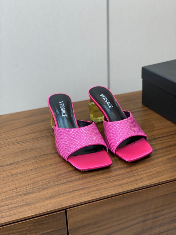 2025 Women VERSACE Pink Silk Leather Mules Crystal Embellishment KFY00300