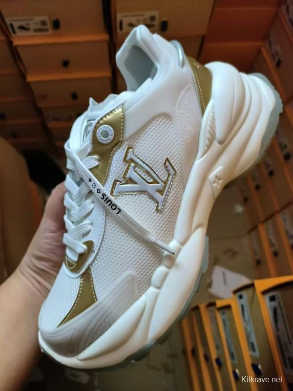 2025 Women Louis Vuitton White Gold Leather Mesh Sneakers LY00340