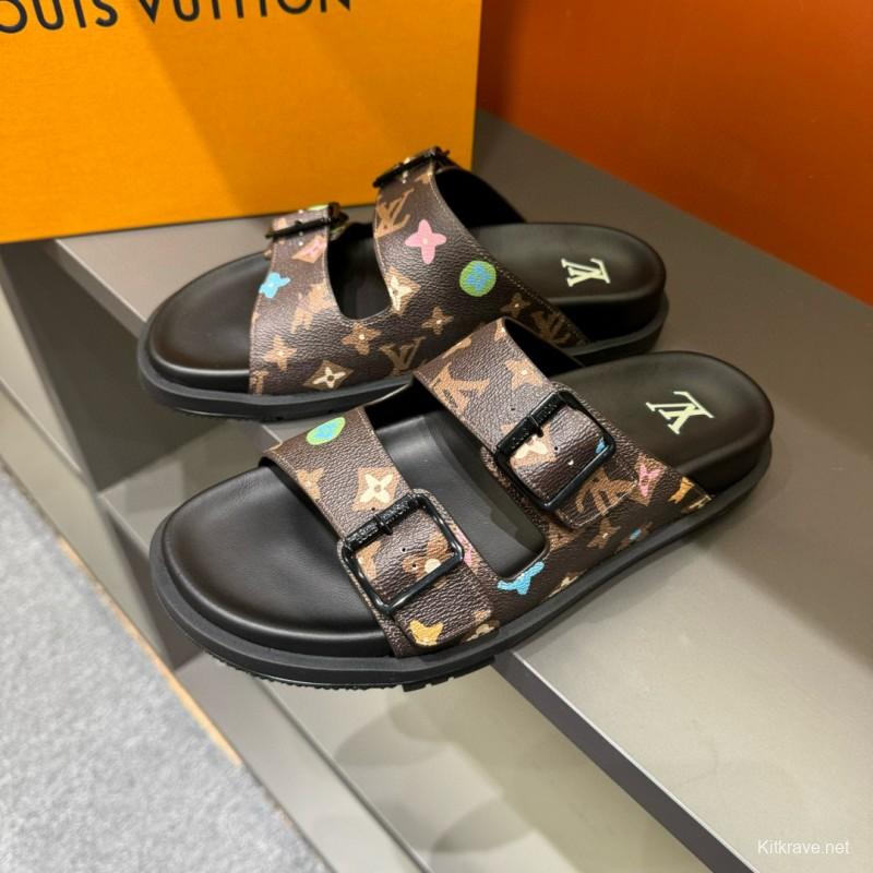 2024 Men Louis Vuitton Brown Black Rubber Leather Sandals Oblique MJ00210