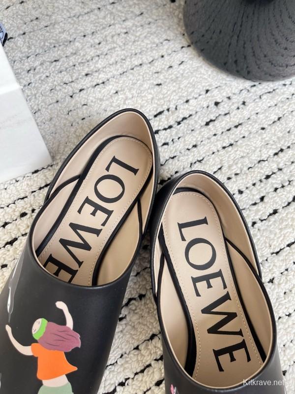 2025 Women Loewe Black Leather Loafers Painted LY00270