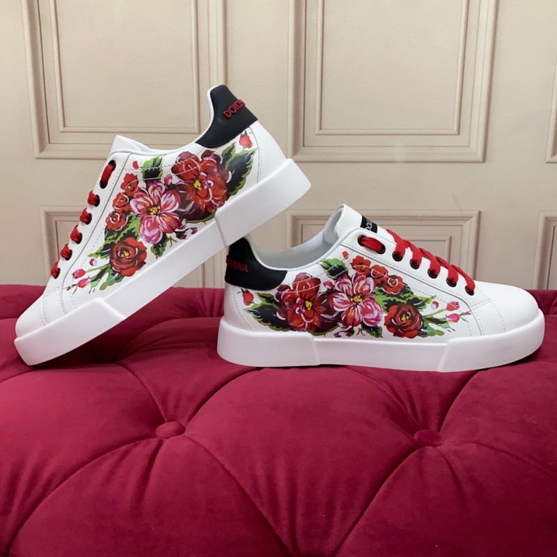 2025 Women Dolce & Gabbana White Red Leather Sneakers Floral LY00300