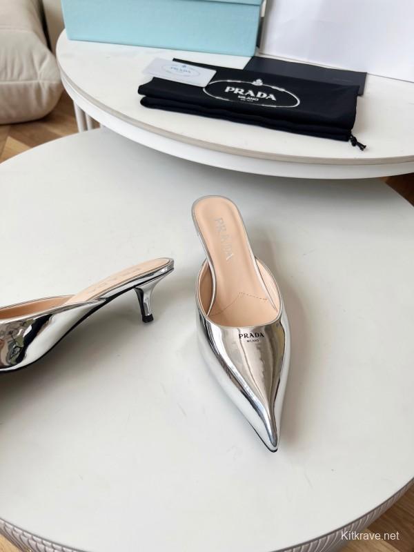 2025 Women Prada Silver Patent Leather Mules
