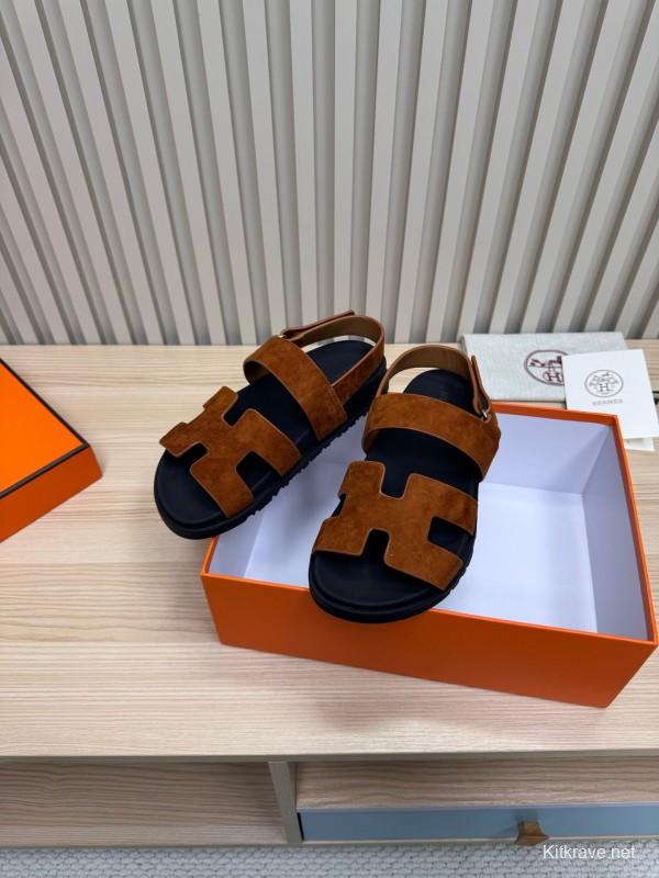 2025 Women Hermès Brown Suede Leather Sandals