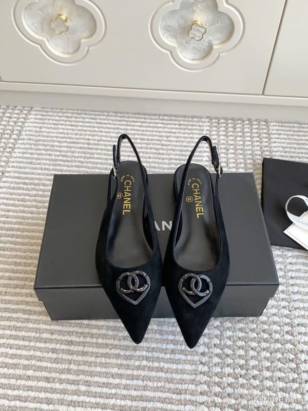 2025 Women Chanel Black Suede Slingback Heart Logo Flats KFY00300
