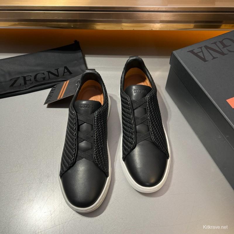 2024 Men Ermenegildo Zegna Black Smooth Calfskin Pelletessuta Sneakers Elastic Detail MJ00280