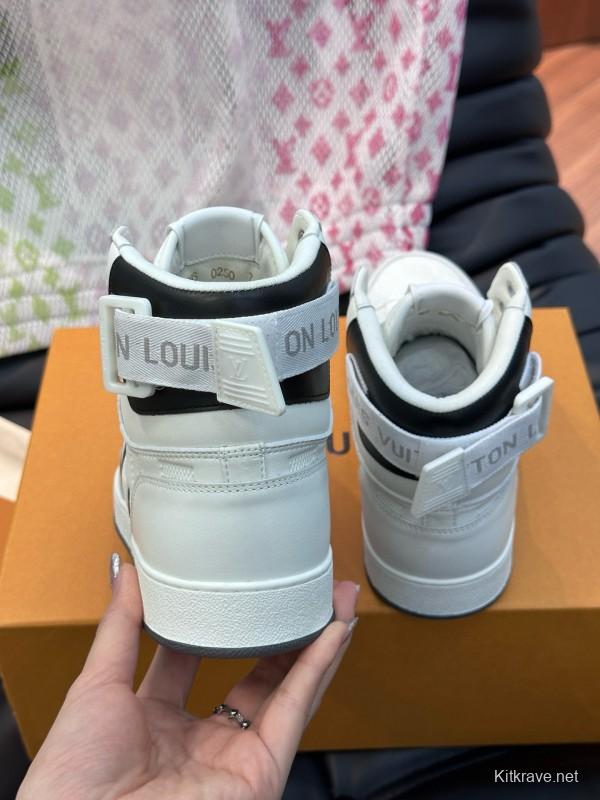 2024 Men Louis Vuitton White Black Leather High-Top Sneakers MJ00420