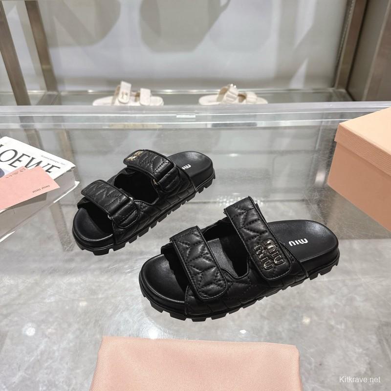 2025 Women Miu Miu Black Leather Slide Sandals