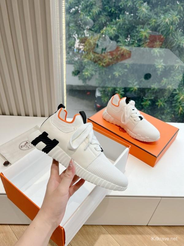 2024 Unisex Hermès White Black Orange Calf Suede Sneakers MJ00290