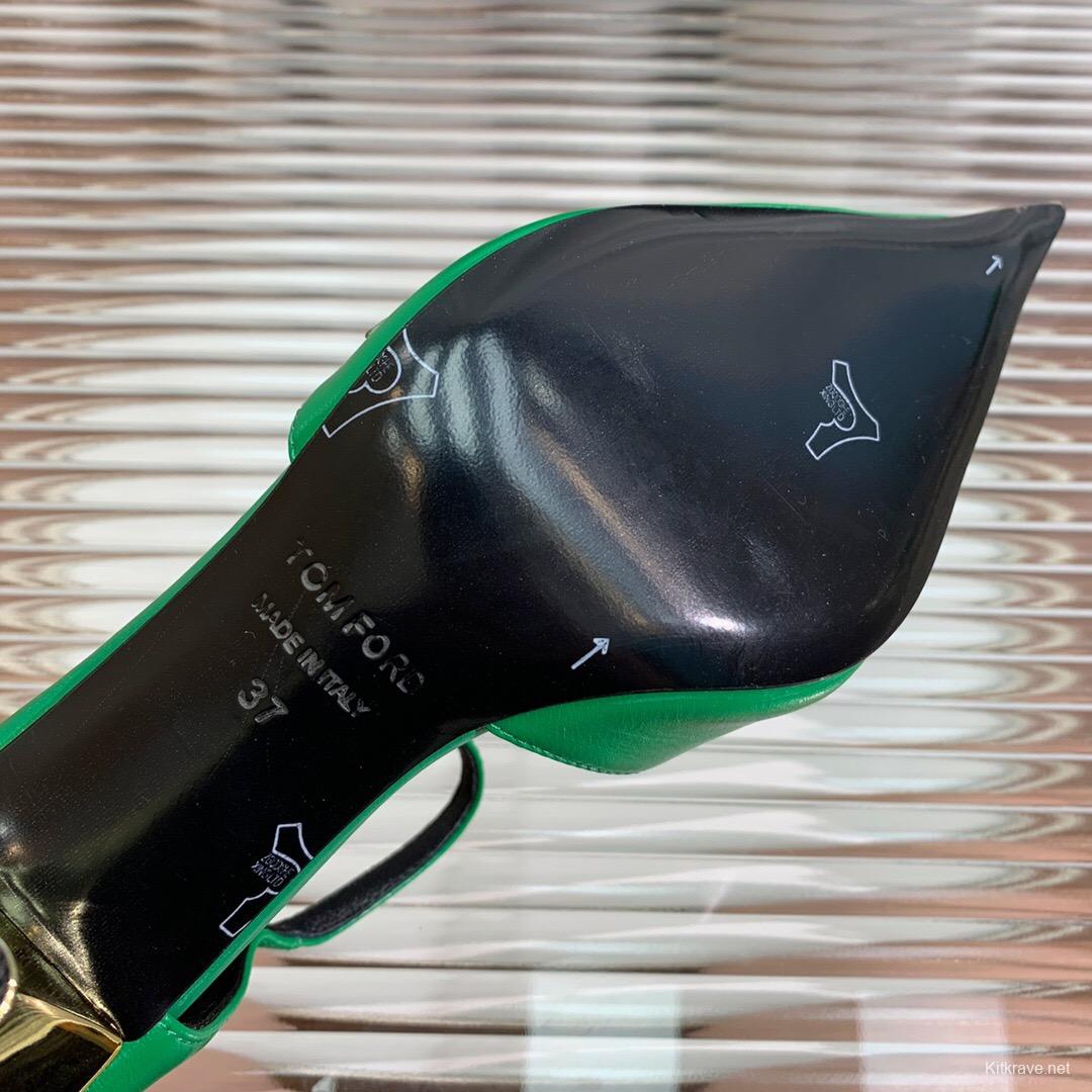 2025 Women TOM FORD Green Gold Leather Pointed Toe Mary Jane KFY00320