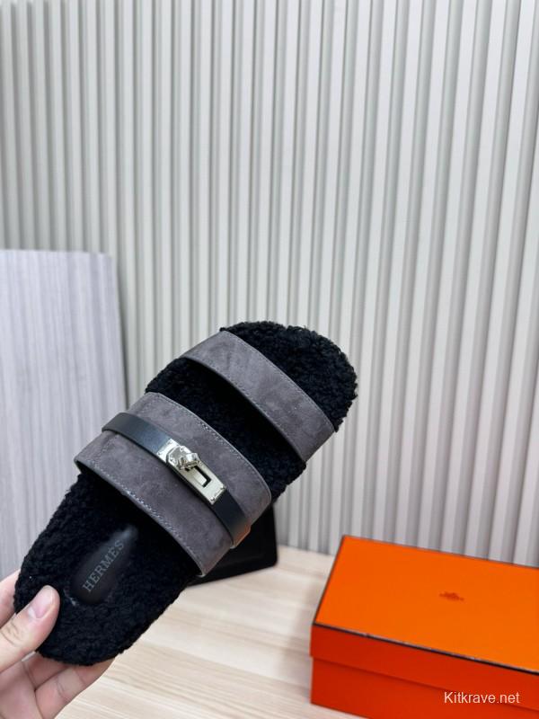 2024 Slippers Hermès Black Grey Shearling Slippers MJ00300