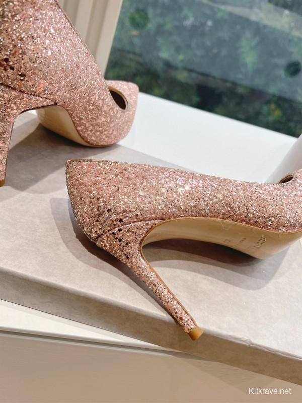 2025 Women Jimmy Choo Pink Glitter Leather Pointed Toe Pumps KFY00280