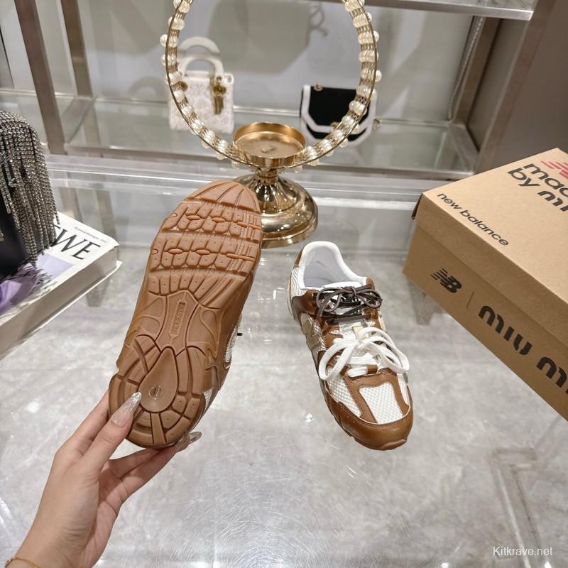 2025 Women Miumiu Brown White Leather Mesh Sneakers