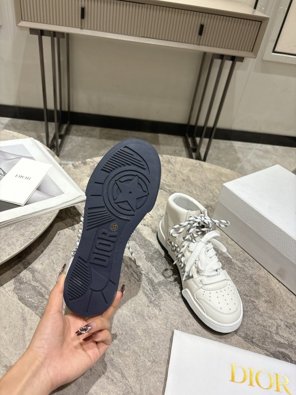 2025 Women Dior White Leather Mesh High-top Sneakers