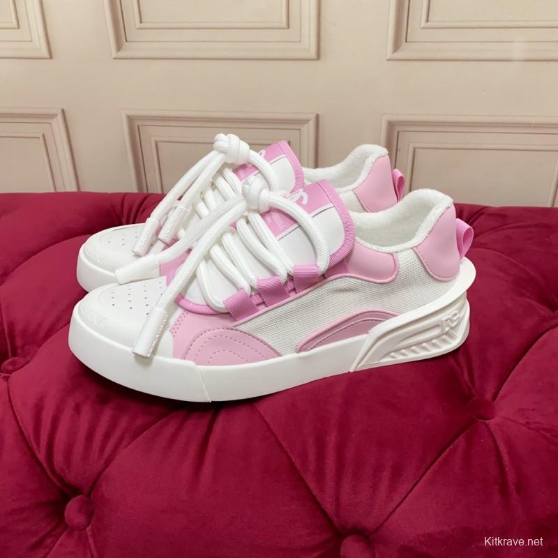 2025 Women Dolce & Gabbana White Pink Leather Mesh Sneakers