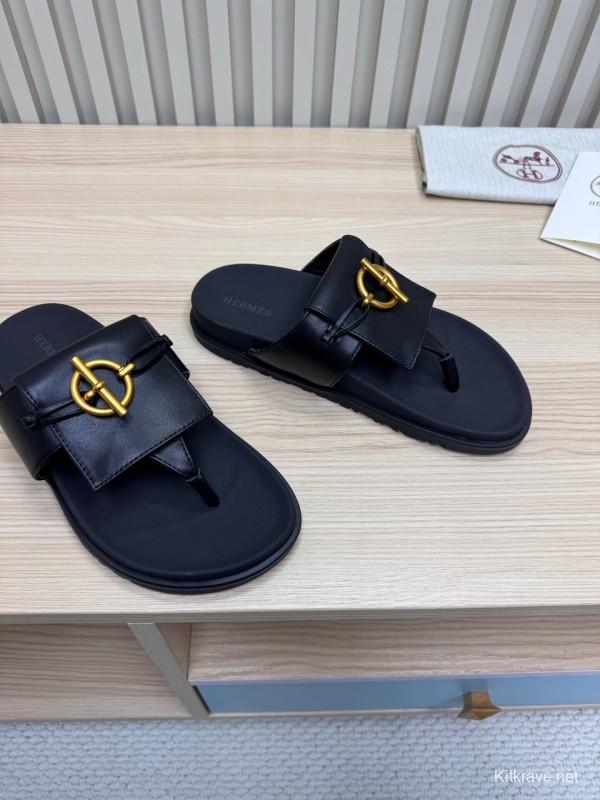 2025 Women Hermès Black Leather Slippers