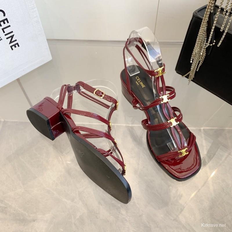 2025 Women Celine Burgundy Patent Leather Sandals KFY00300