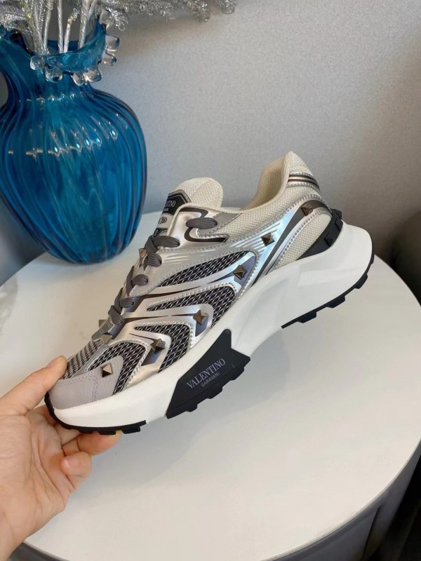 2024 Unisex Valentino White Black Grey Mesh Leather Sneakers MJ00410