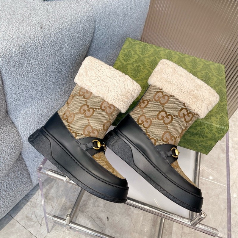 2024 Women Gucci Beige Brown Leather Shearling Snow Boots MJ00420