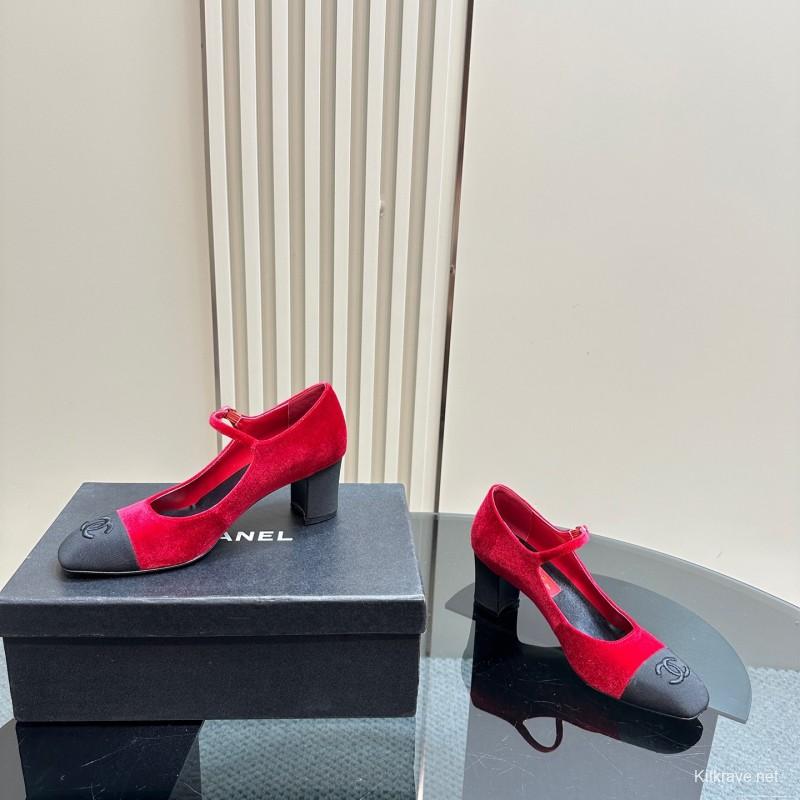 2025 Women Chanel Red Black Suede Leather Mary Jane Logo KFY00290