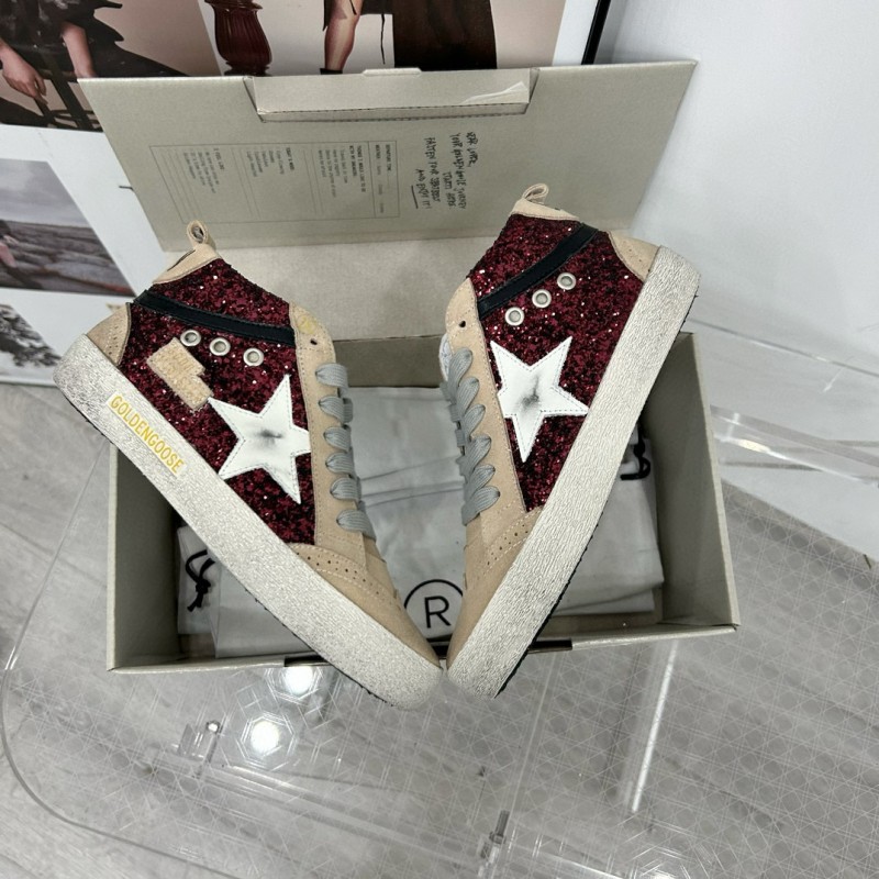 2024 Unisex GGDB Burgundy Beige Glitter Leather High Top Sneakers MJ00300