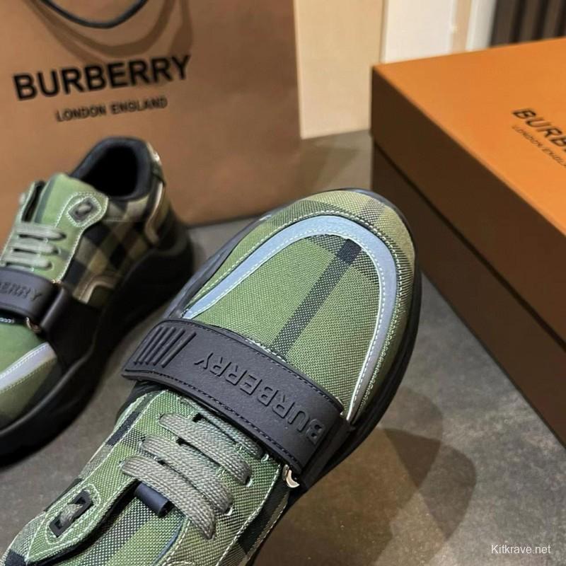 2025 Unisex Burberry Green Black Cotton Calfskin Suede Sneakers MJ00360(W)