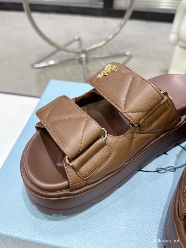 2025 Women Prada Brown Leather Sandals