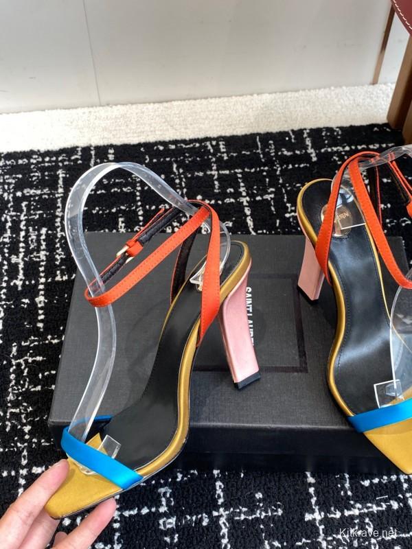 2025 Women Yves Saint Laurent Orange Black Blue Leather High Heel Sandals