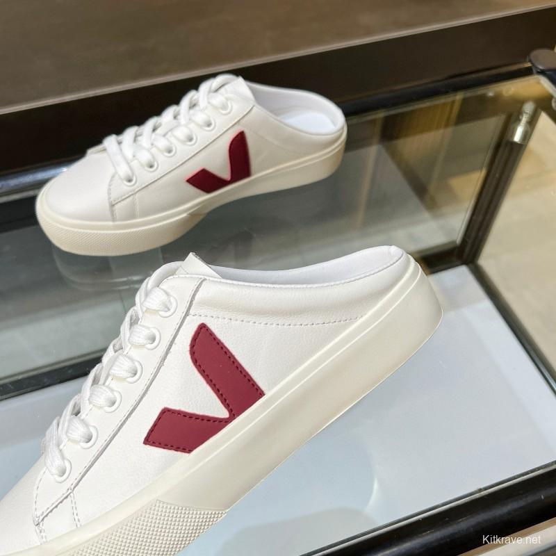 2025 Women VEJA White Burgundy Canvas Leather Slip-On Sneakers