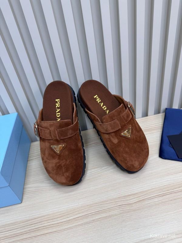 2025 Slippers Prada Brown Suede Slippers LY00280