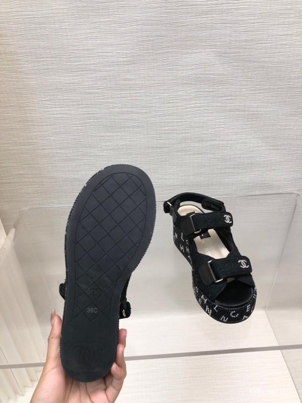 2025 Women Chanel Black Fabric Platform Sandals LY00330