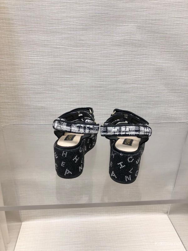 2025 Women Chanel Black White Fabric Platform Sandals LY00330