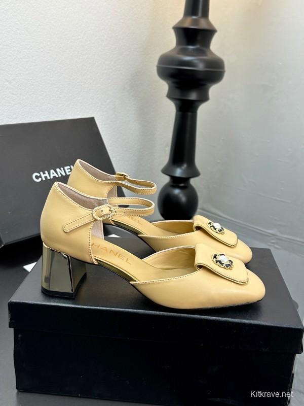 2025 Women CHANEL Beige Lambskin Mid Heel Ankle Strap Square Toe Pumps