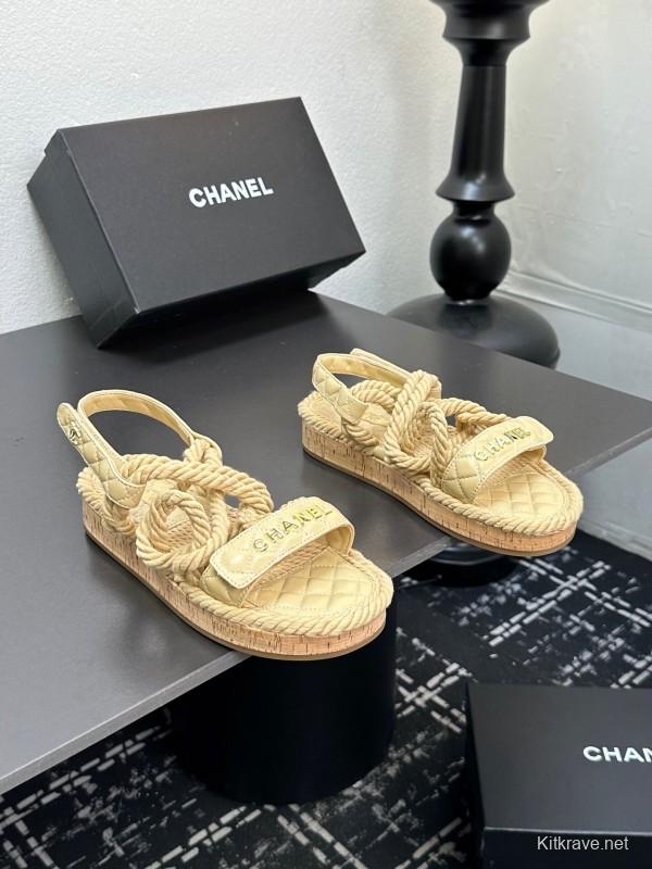 2025 Women Chanel Beige Rope Leather Slingback Sandals
