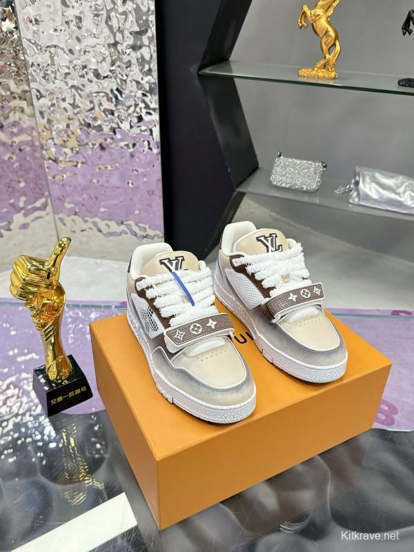 2024 Unisex Louis Vuitton White Brown Leather Mesh Plimsolls Waxed Vintage MJ00500