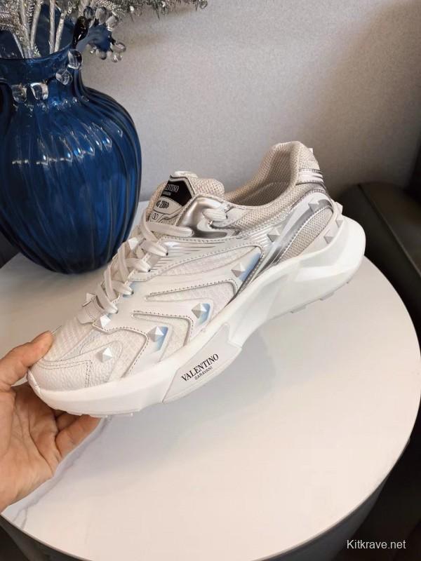 2024 Unisex Valentino White Silver Mesh Leather Sneakers MJ00410