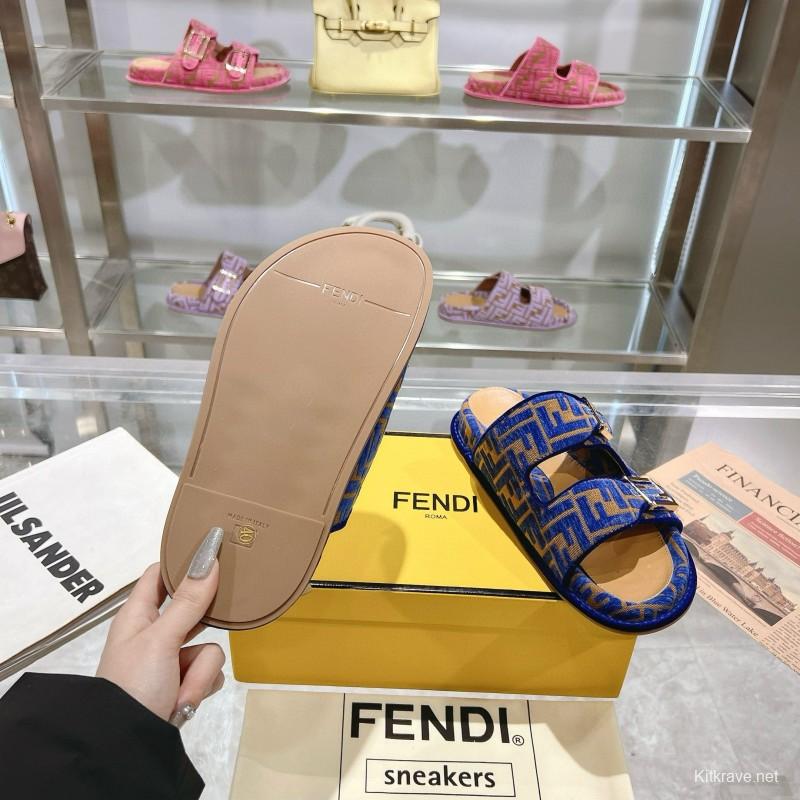 2025 Fendi Blue Fabric Leather Slippers MJ00230