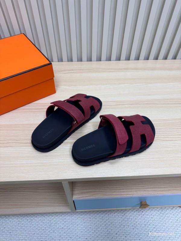 2025 Slippers Hermès Burgundy Black Leather Slide KFY00260