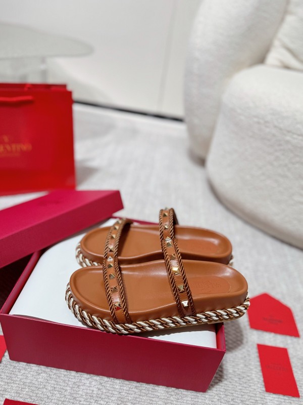 2025 Women Valentino Brown Leather Sandals Braided Rope Sole LY00250