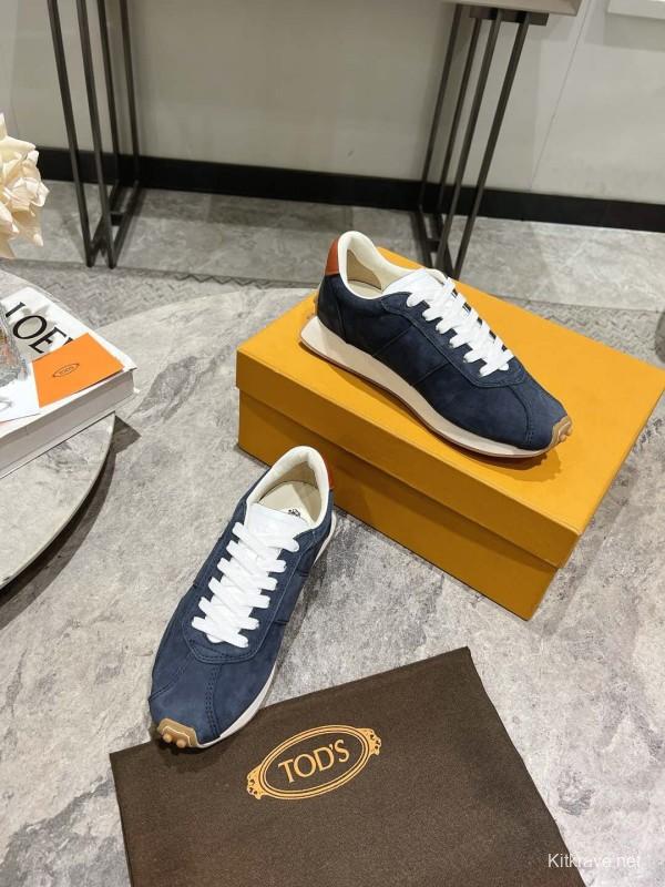 2025 Women TOD'S Navy Blue Brown Suede Leather Sneakers KFY00350